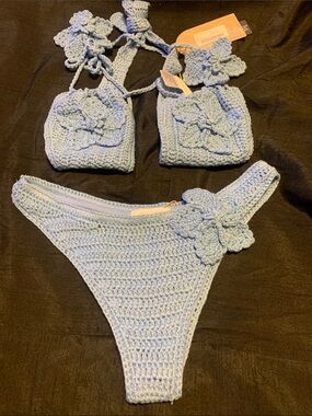 Meshki Light Blue Crochet Floral Bikini Set